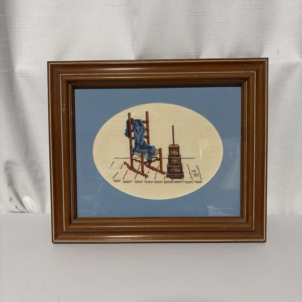 Vintage Framed Cross Stitch Butter Churn Rocking Chair Cottage Farmhouse Rustic